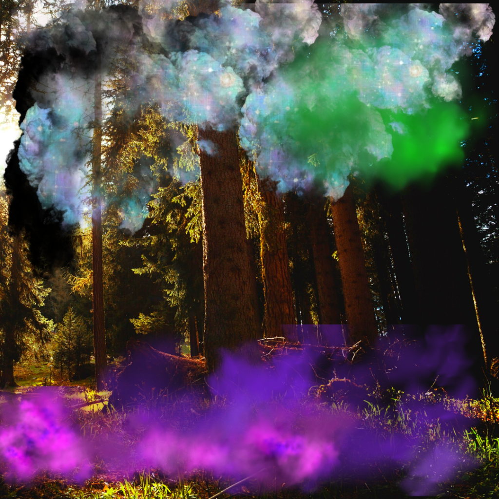 ID: A forest in late-summer light, with pink and purple fog on the ground. Black, green, and white fog lingers along the tree tops.