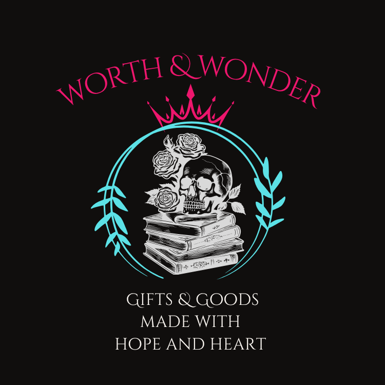 ID: the Kings Ink logo of a skull on a stack of books. the words "worth and wonder" are curved over the top of the logo. the text below reads "gifts and goods made with hope and heart"