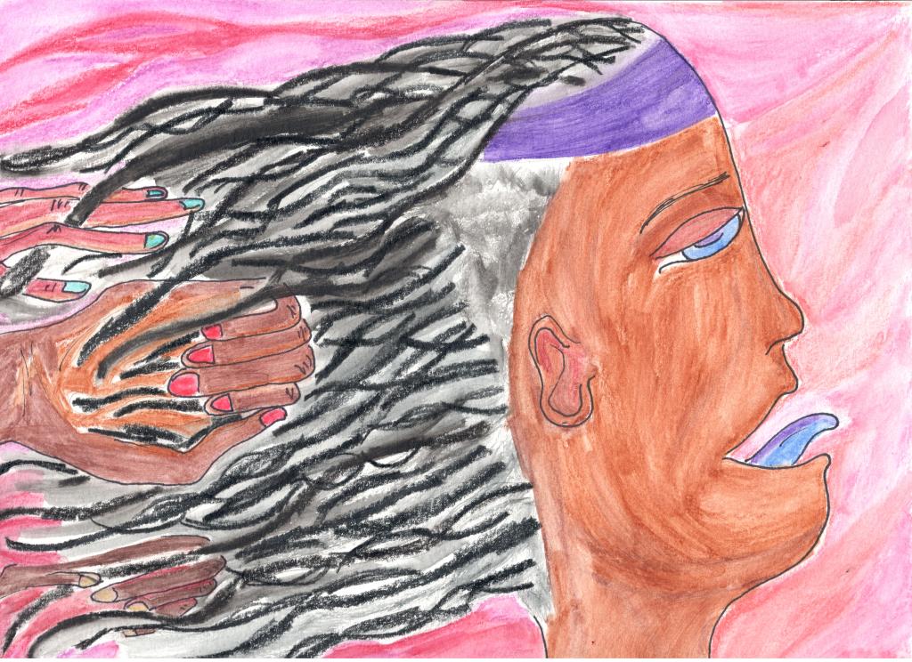 brown person's face in profile shows a half-lidded blue eye with a purple pupil. their mouth is half-parted, their tongue sticking out. the right half of their tongue is purple and the left half of their tongue is blue. they wear a purple headband around thick long locs. three brown hands reach into their locks, one with teal nails, one with red nails, and one with tan nails. the background is a light peach mixed with scarlet and magenta