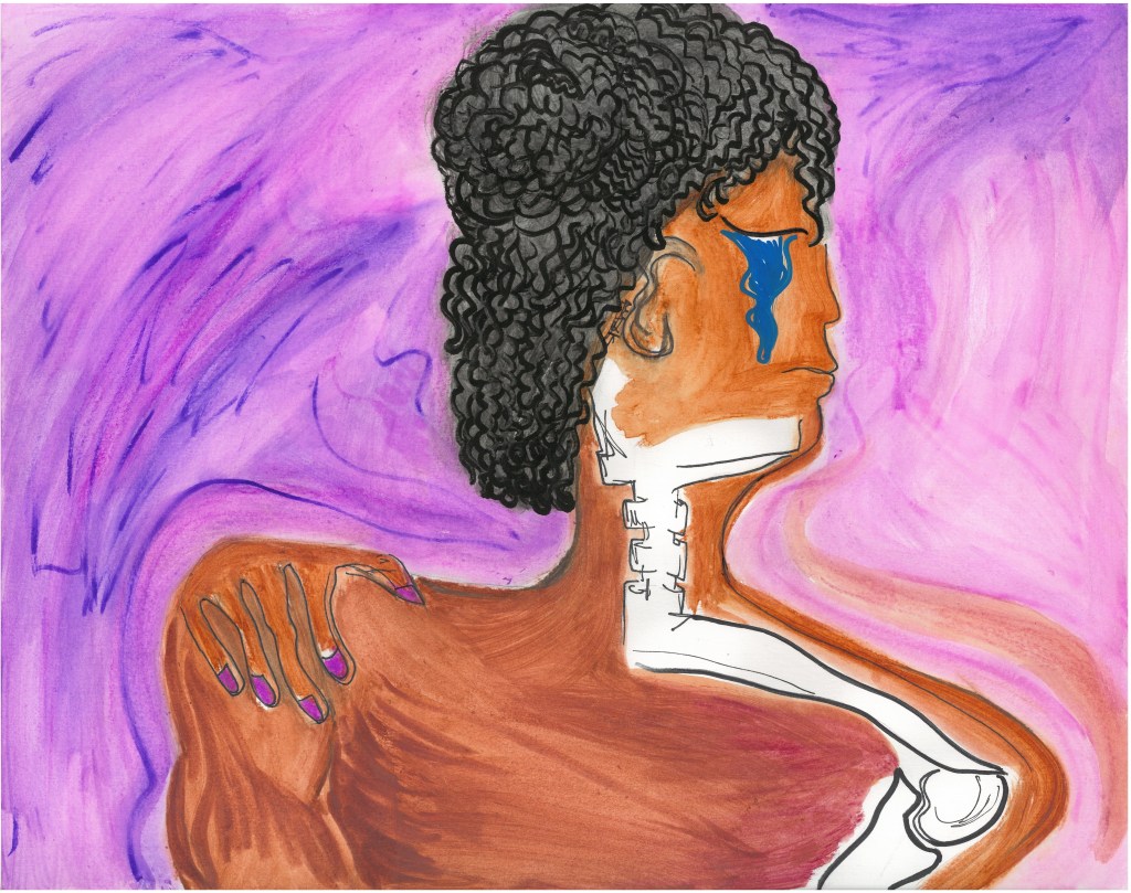 a shirtless brown person stands with their back to the viewer, their head turned to the right. one hand grasps their shoulder, and tears stream down their face. the bones of their jaw, neck, collarbone, and arm are visible. the person has tightly coiled hair pulled into a half-bun. the background is a swirl of magenta and violet with dark indigo accents.