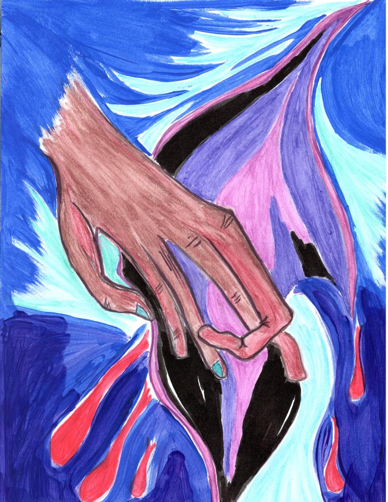 a brown hand with teal-painted nails crosses its fingers over a violet-magenta butterfly wing that has turned black at the bottom. red blood drops from the wing. the background is varying hues of royal and navy blue with light teal accents surrounding the butterfly wing and the palm of the hand.