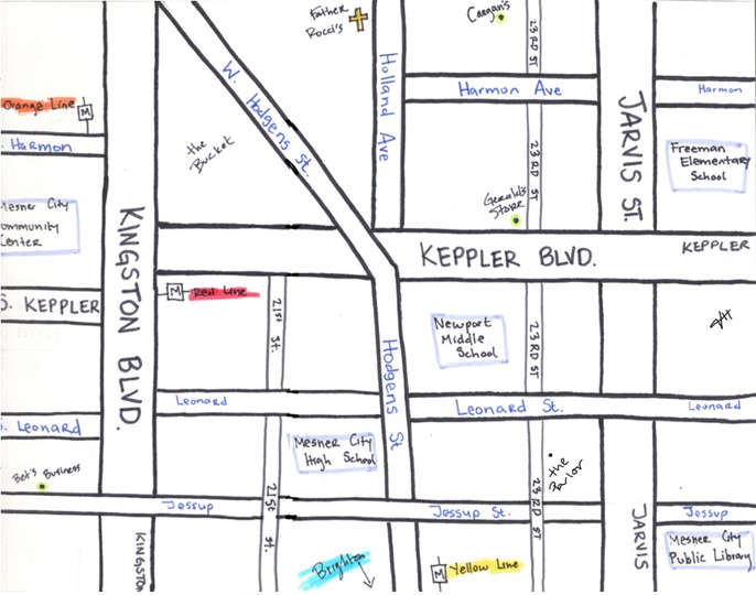 ID: a city map of "The Blocks", featuring subway lines, major roads, various schools, and other community buildings.