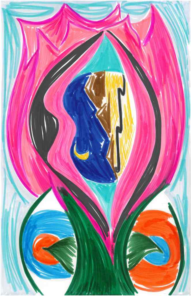 ID: an eye shows a desert scene with mountains and night sky with a crescent moon; this eye is nestled in an open mouth with pink lips, which is centered in another eye with a black sclera, all surrounded by a bright pink rose with a dark green stem. thorns from either side of the stem poke into an orange eye with a blue pupil, and a blue eye with a red pupil.