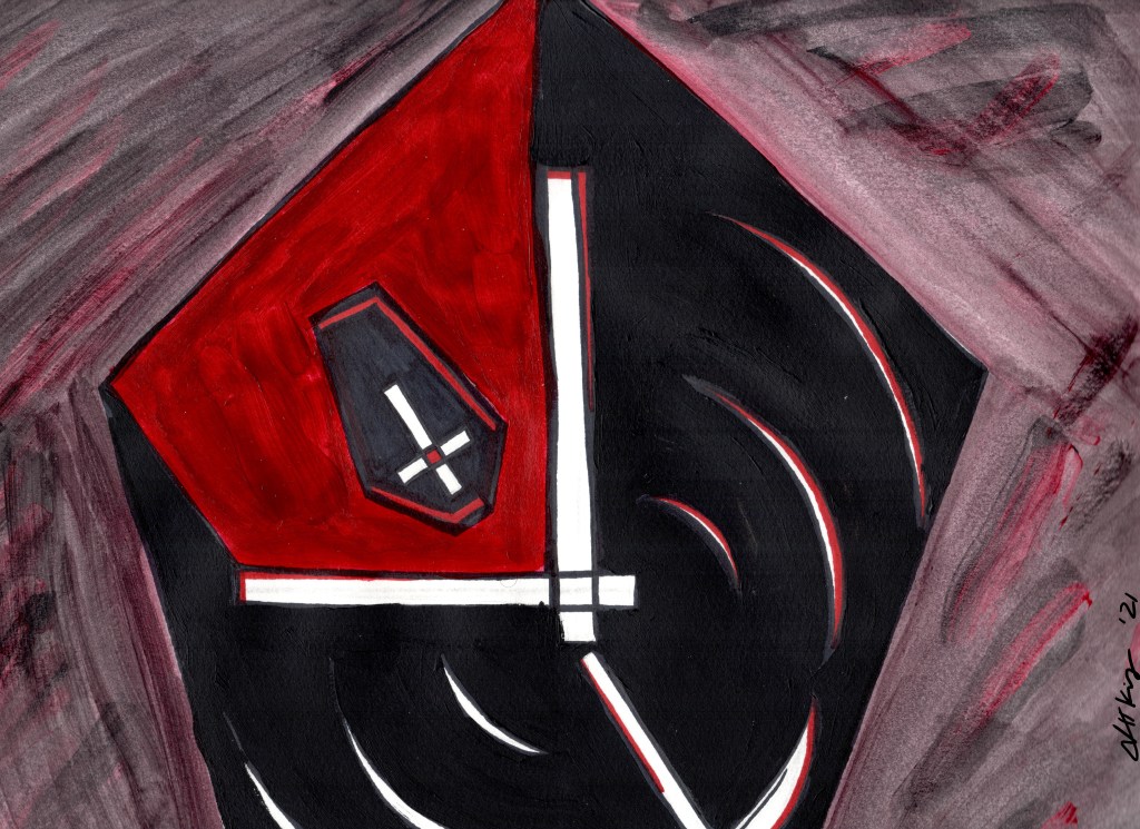 a five-sided shape has two white hands in its center, like a clock at 900 hours. the second hand is a white scythe tipped with red, approaching 30 seconds. the "clock-face" is opaque black, save for the upper left quadrant that is red. in the red quadrant, a black coffin with a white cross are pointed at the center of the clock-hands, not quite upside down. three white ripples extend across the clock face on either side of the second-hand scythe into the black. the background is a murky/muddy gray-red-black.