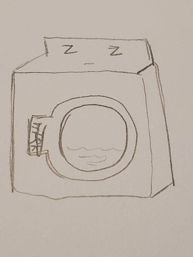 a doodle of a washer machine with Z's for eyes, dozing peacefully
