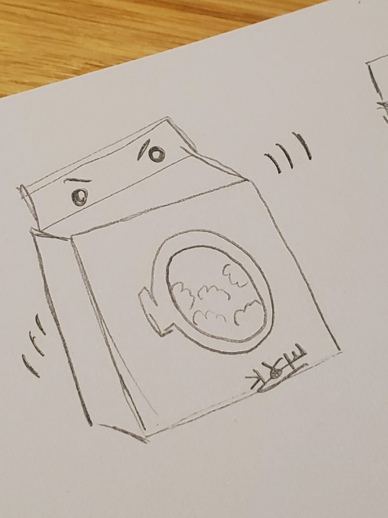 a doodle of a washing machine with sloshing water. lines on either side give it the appearance of shaking