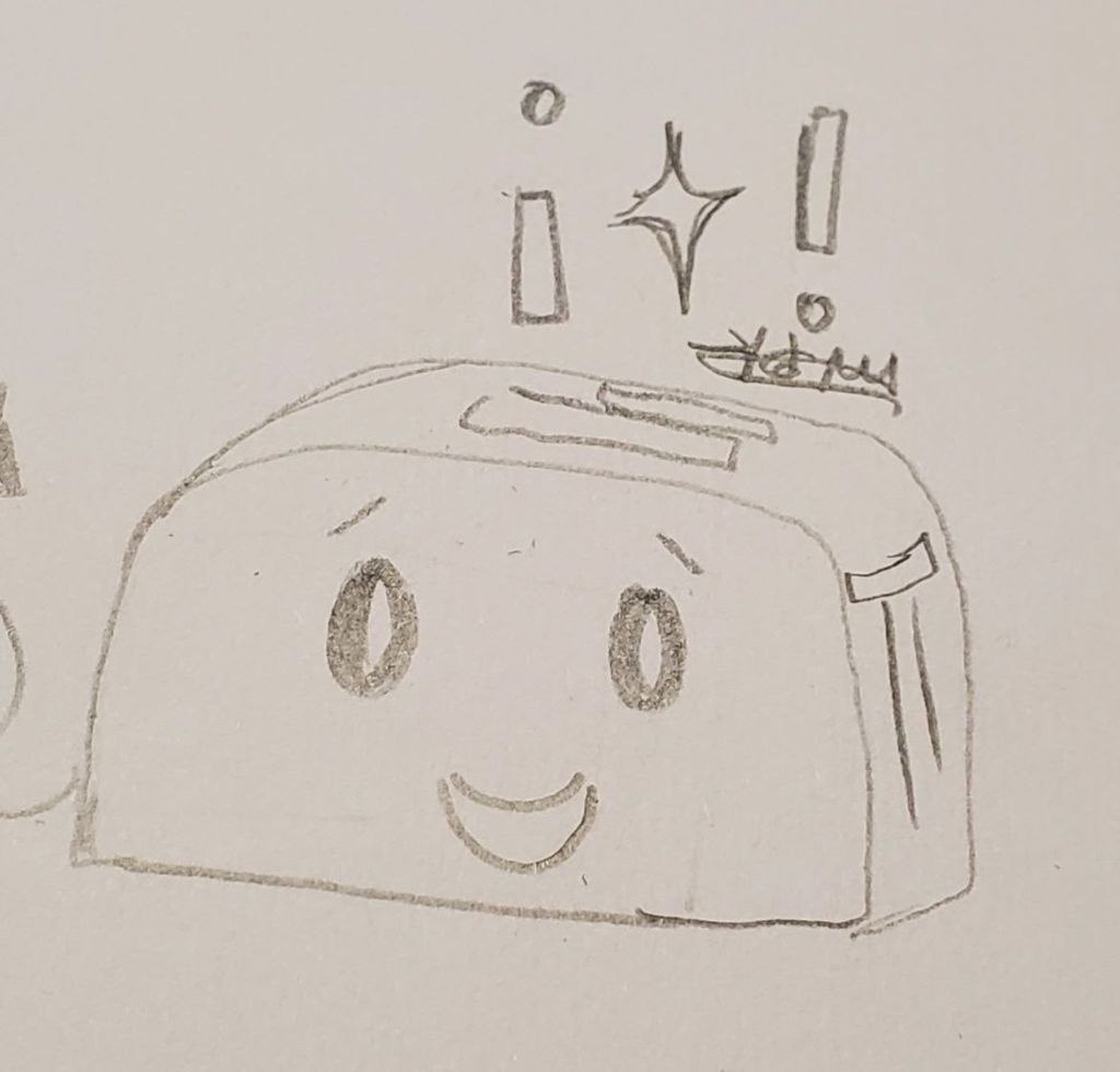 a doodle of a small toaster with an excited smile, exclamation points, and a little sparkle over its head