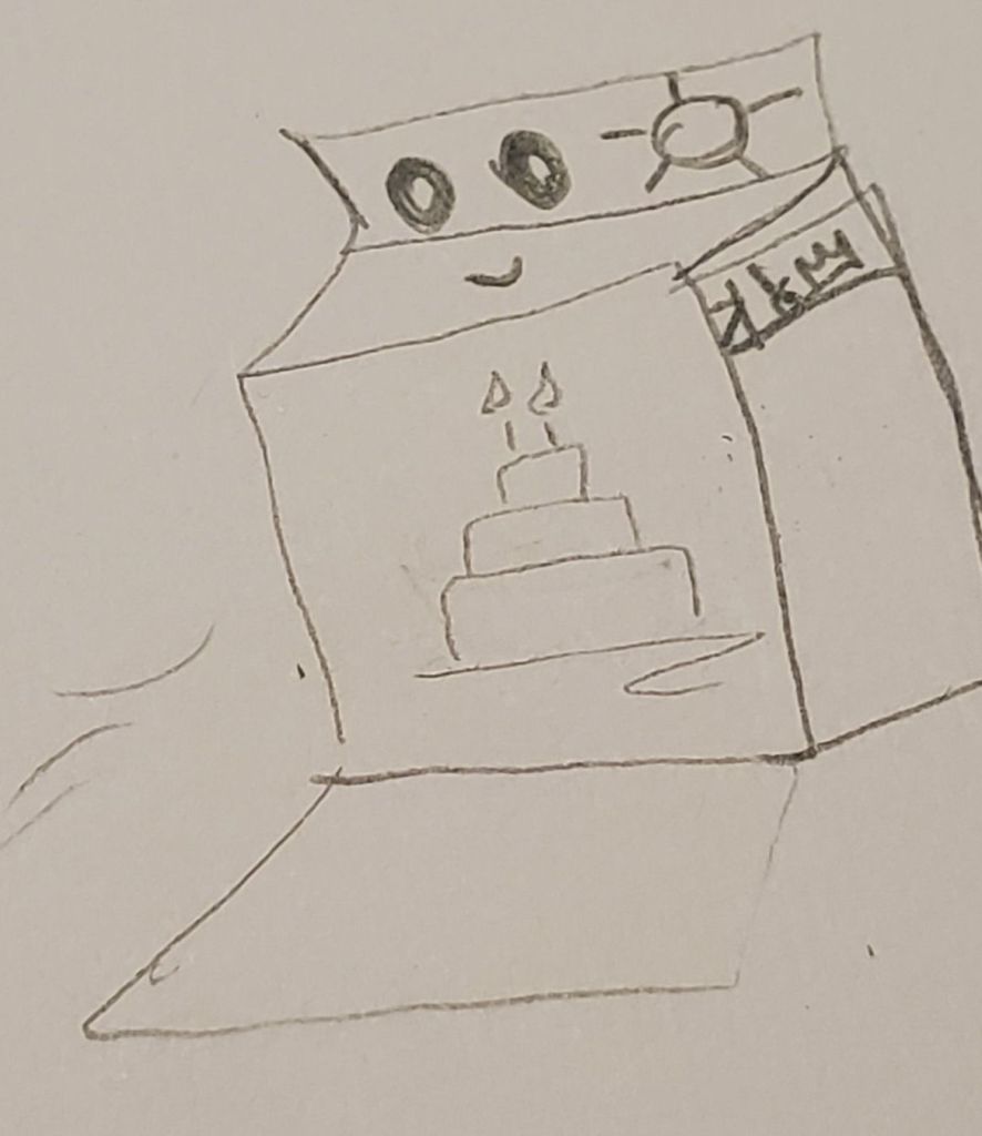 a doodle of a smiling oven with an open door, showing off a 3-layer cake with two lit candles on top