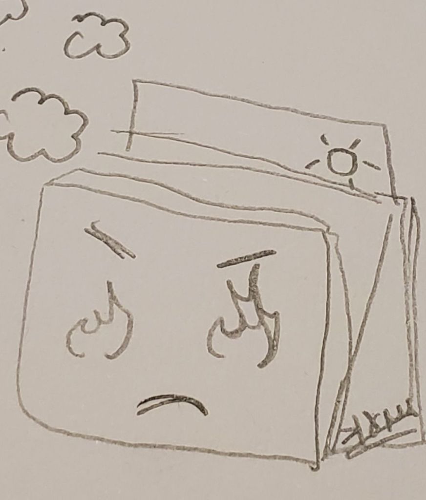 a doodle of an oven with flames for eyes, a frowny face, and blowing smoke