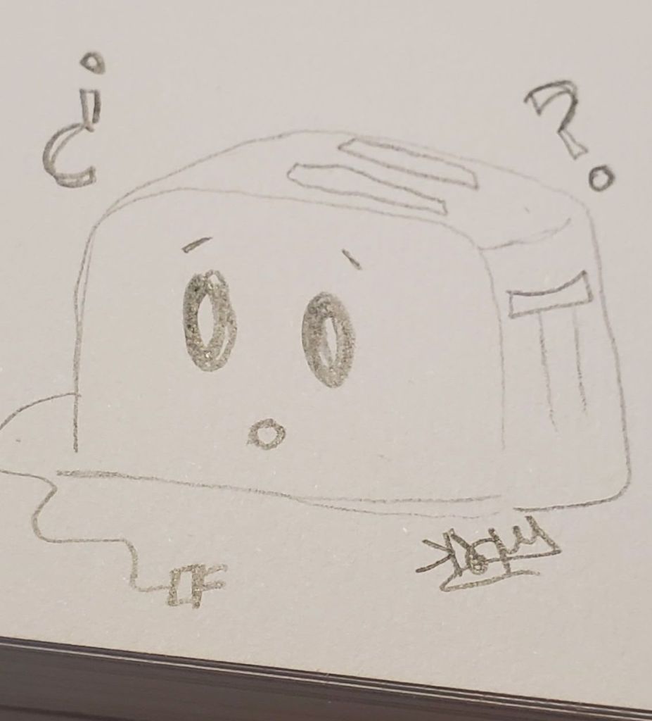 a doodle of a small toaster with question marks over its head and its cord on the counter, appearing confused