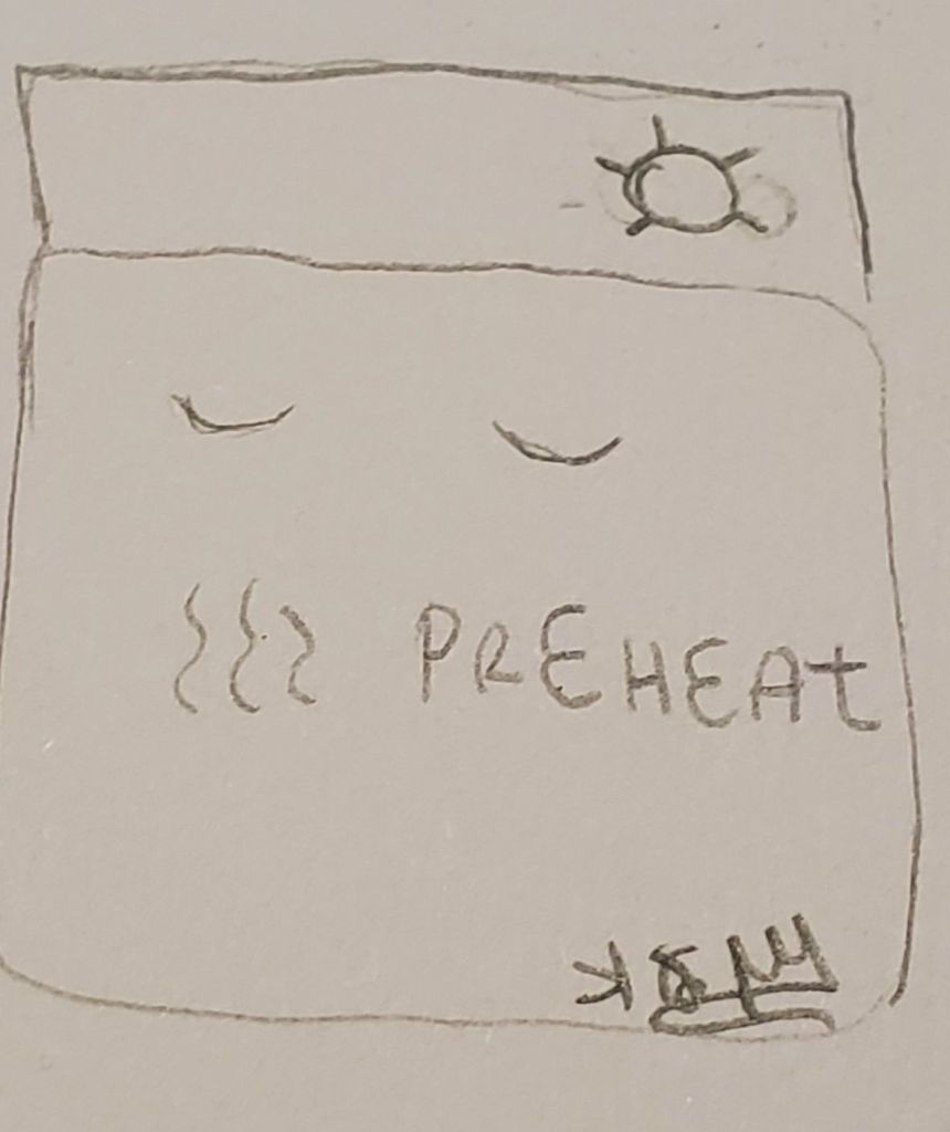 a doodle of an oven slowly pre-heating, seemingly at peace