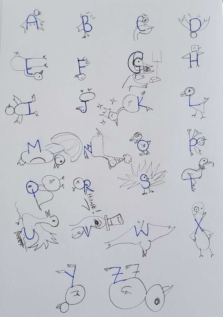 ID: a page of the alphabet in blue letters incorporated into pencil sketches of various birds.