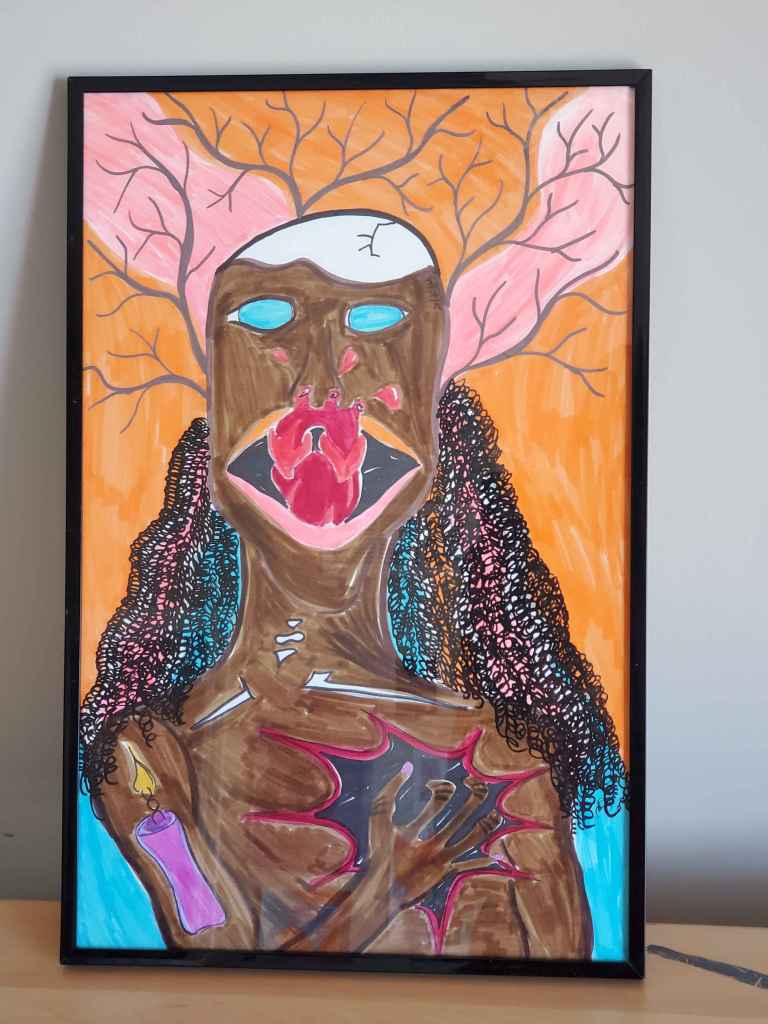 ID: a topless, flat-chested brown figure clutches their chest, where a hole has ripped through where their heart should be. a purple candle is on their right bicep; their collarbone and the top of their skull is exposed. their heart is between their orange and pink lips, while leafless branches stretch from skull. tight coils of black hair reach past their shoulders. the bottom third of the background is teal, and the same color fills where their eyes would be. the rest of the background is bright orange.