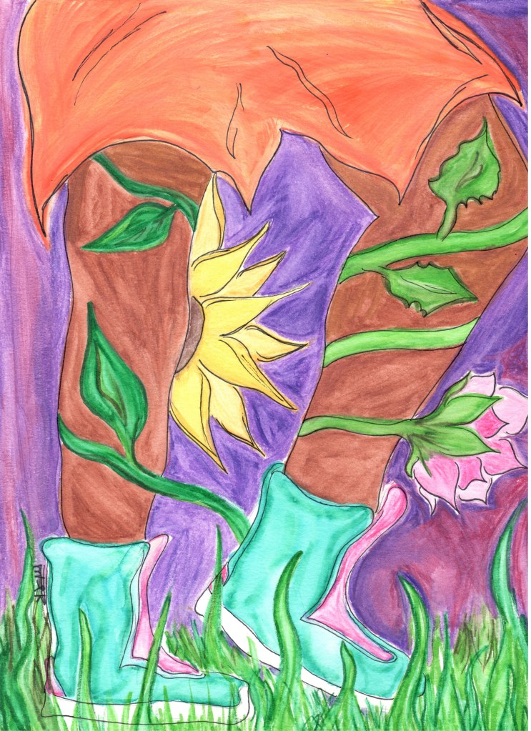 ID: an orange-skirted figure with brown legs walks through thick green grass. A sunflower wraps around one leg and a pink rose wraps around the other. The person wears teal boots and the sky is a burgundy-purple twilight.
