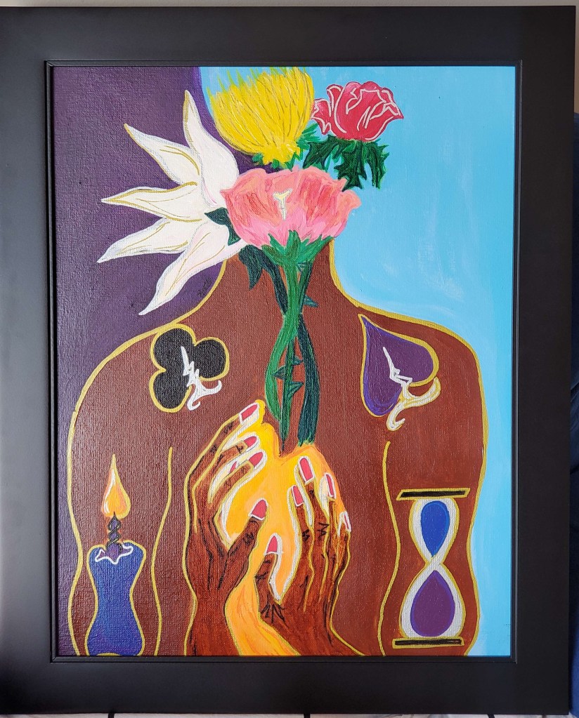 ID: a brown person's torso centered on a half violet, half light blue background. There is a bouquet of white, red, yellow, and pink flowers where their face should be. Two brown hands with magenta nails reach toward their the person's chest. The person has a blue candle tattooed on their left bicep, a black club tattoed on their left shoulder, a purple spade tattooed on their right shoulder, and a silver hourglass on their right bicep. The top half of the hourglass is blue and the bottom half of the hourglass is violet