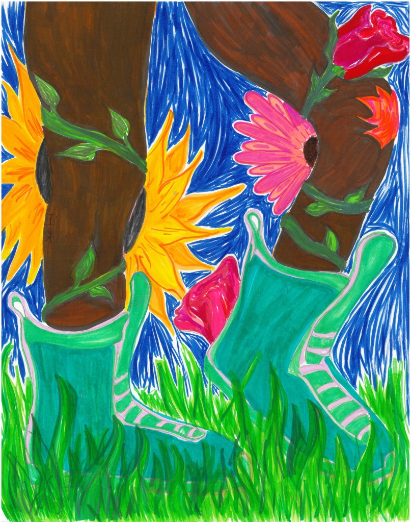 ID: Against a dark blue background, a figure walks through the grass, wearing teal boots with pink laces. Vines wrap around their brown legs, and there is a pink scab on their right knee. Two sunflowers peek from either side of their left leg. Two red roses wrap around their right leg, with a pink daisy by their right knee.