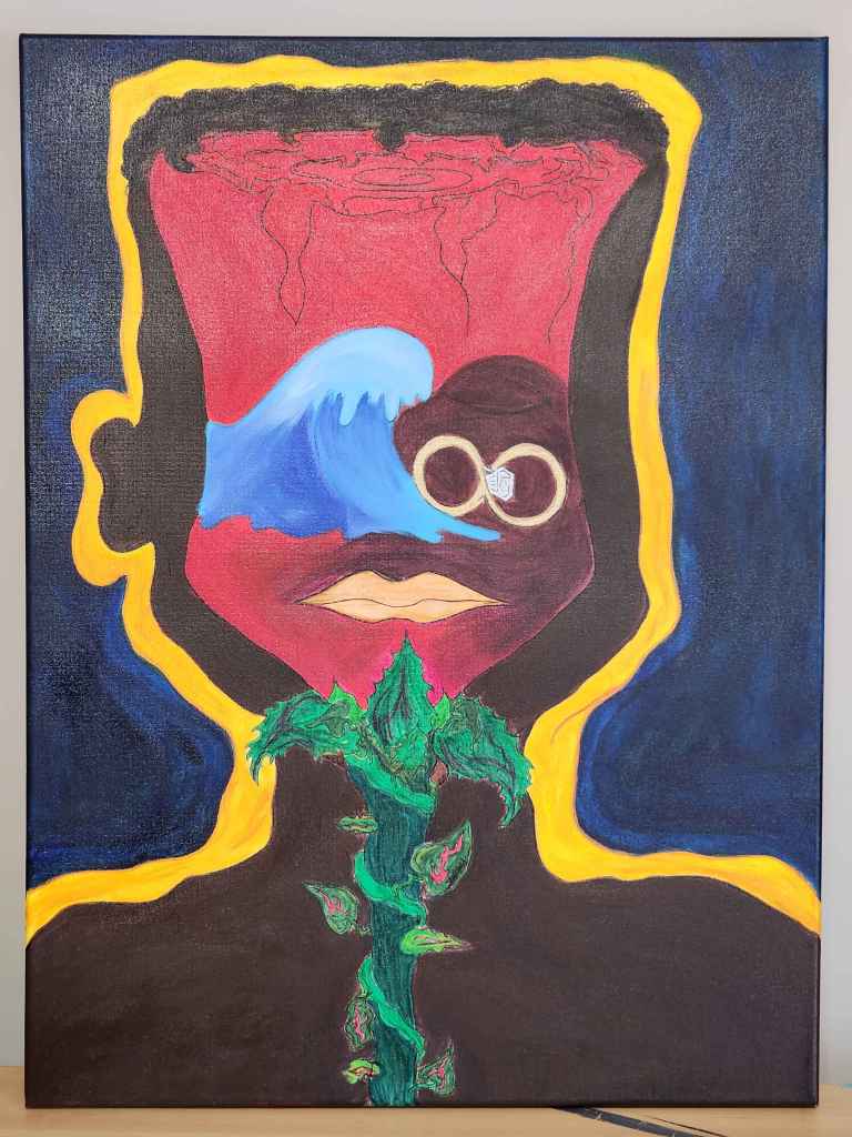 ID: A brown man’s face and shoulders are centered on a navy blue background, outlined in warm yellow tones. A large red rose covers the man’s face, with its dark green stem aligning with his neck. Vines and leaves streaked with red curl around the thorny stem. Set into the left side of the rose is a tidal wave in blue hues. On the right, the man’s closed eye shows through. On his cheek, wedding bands are combined in an infinity symbol. 